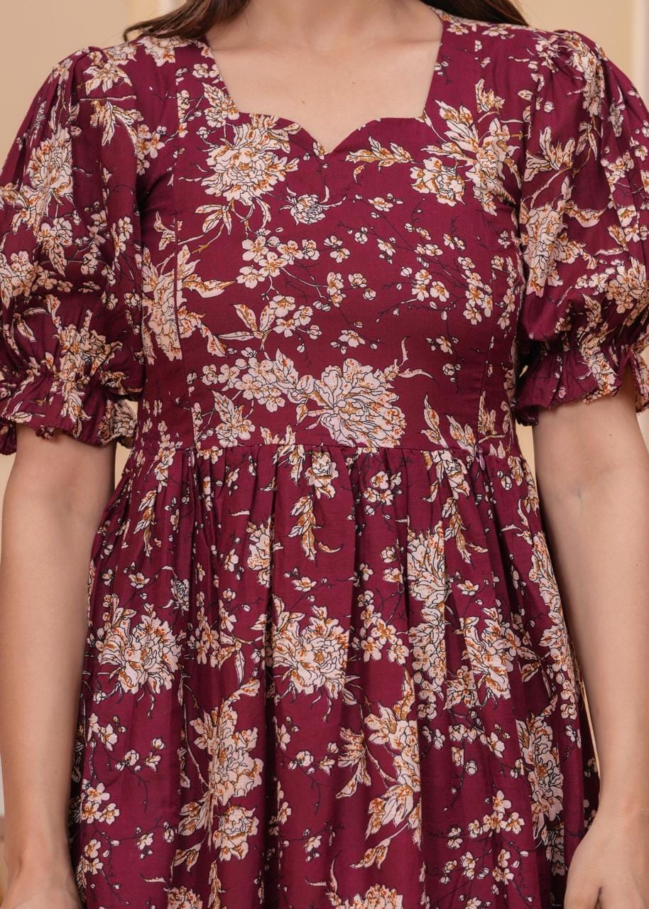 Maroon Floral Printed Maternity Midi Dress