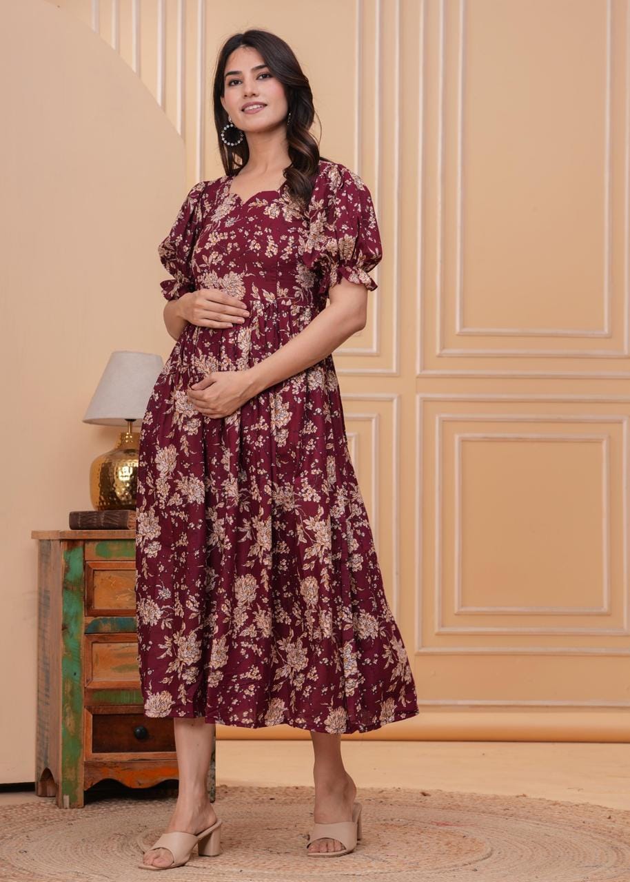 Maroon Floral Printed Maternity Midi Dress