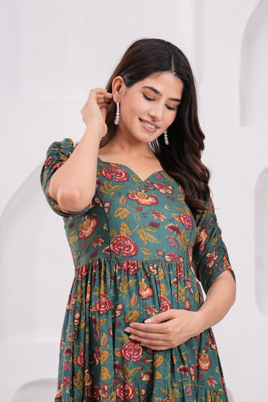 Dark Teal Floral Printed Maternity Maxi Dress