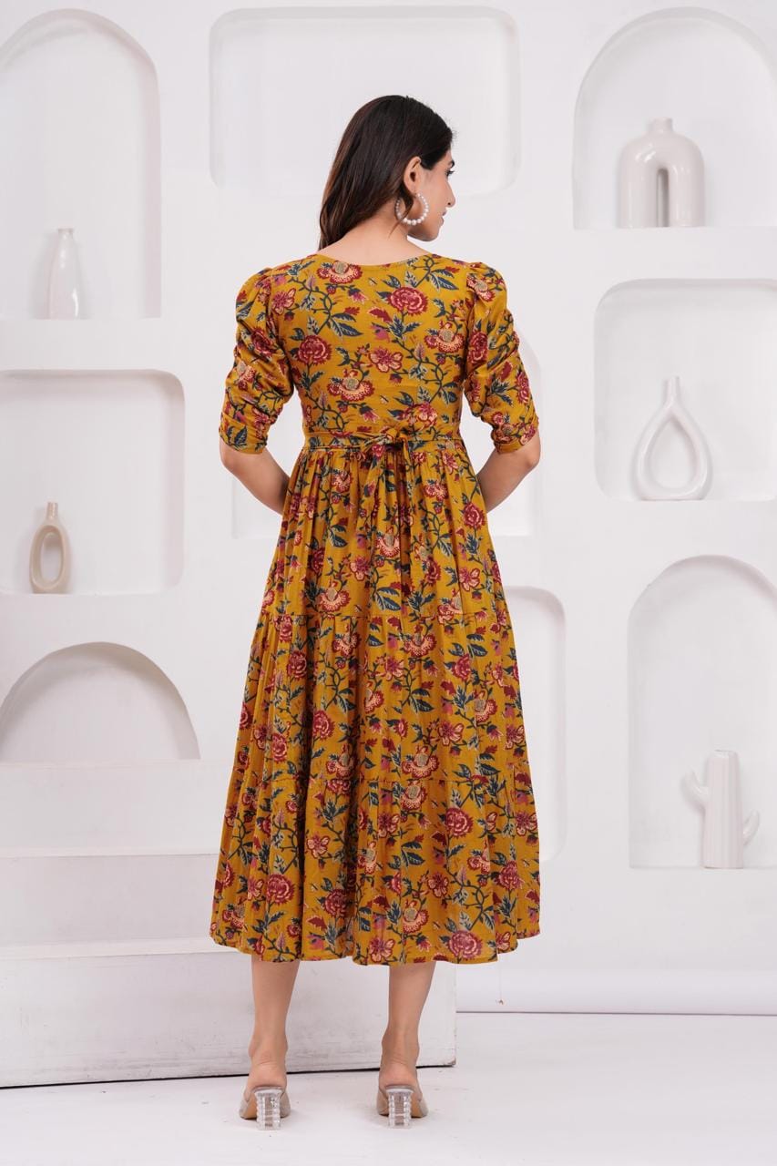 Mustard Yellow Floral Printed Maternity Midi Dress