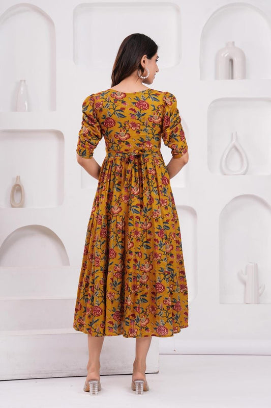 Mustard Yellow Floral Printed Maternity Midi Dress