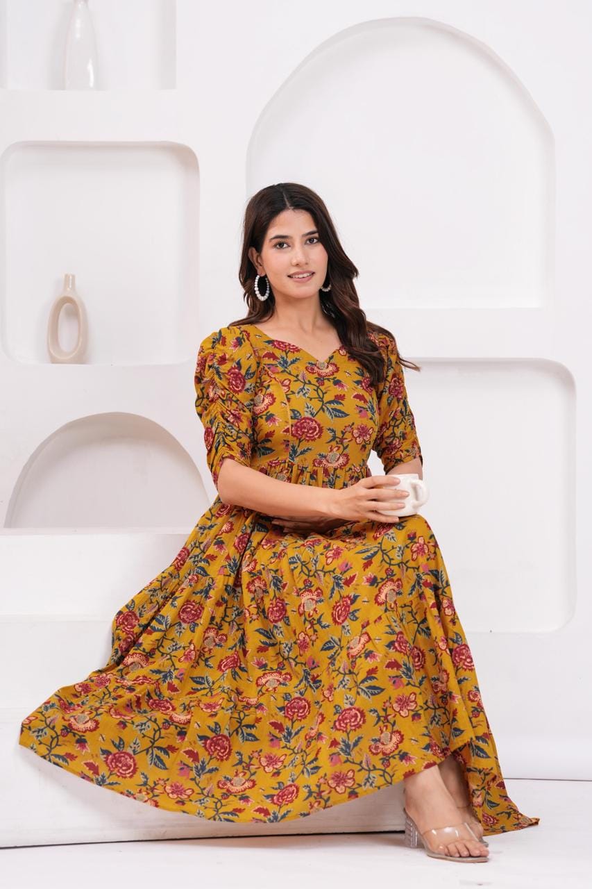 Mustard Yellow Floral Printed Maternity Midi Dress