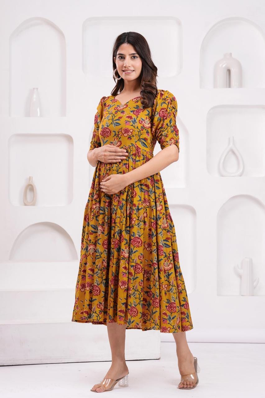 Mustard Yellow Floral Printed Maternity Midi Dress