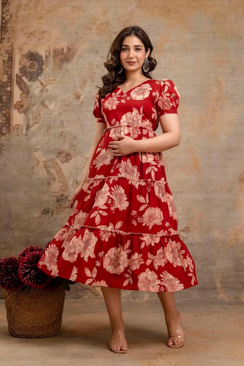 Red Floral Printed Maternity Nursing Dress