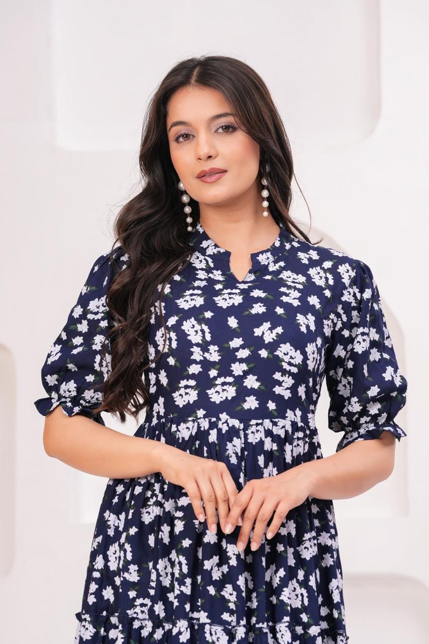 Navy Blue Floral Printed Maternity Maxi Dress