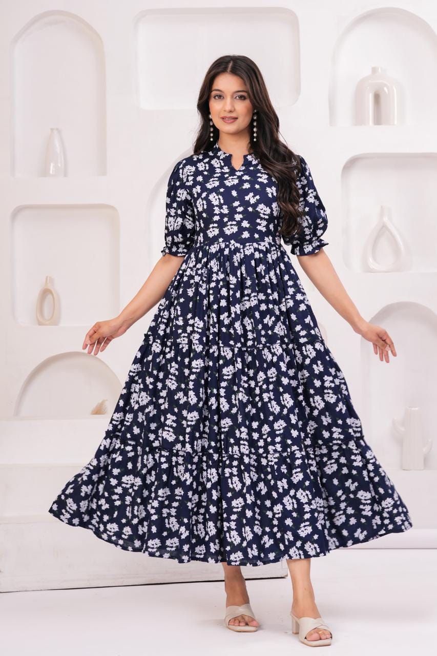 Navy Blue Floral Printed Maternity Maxi Dress