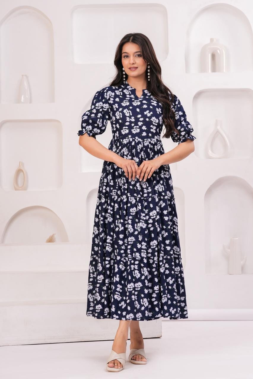 Navy Blue Floral Printed Maternity Maxi Dress