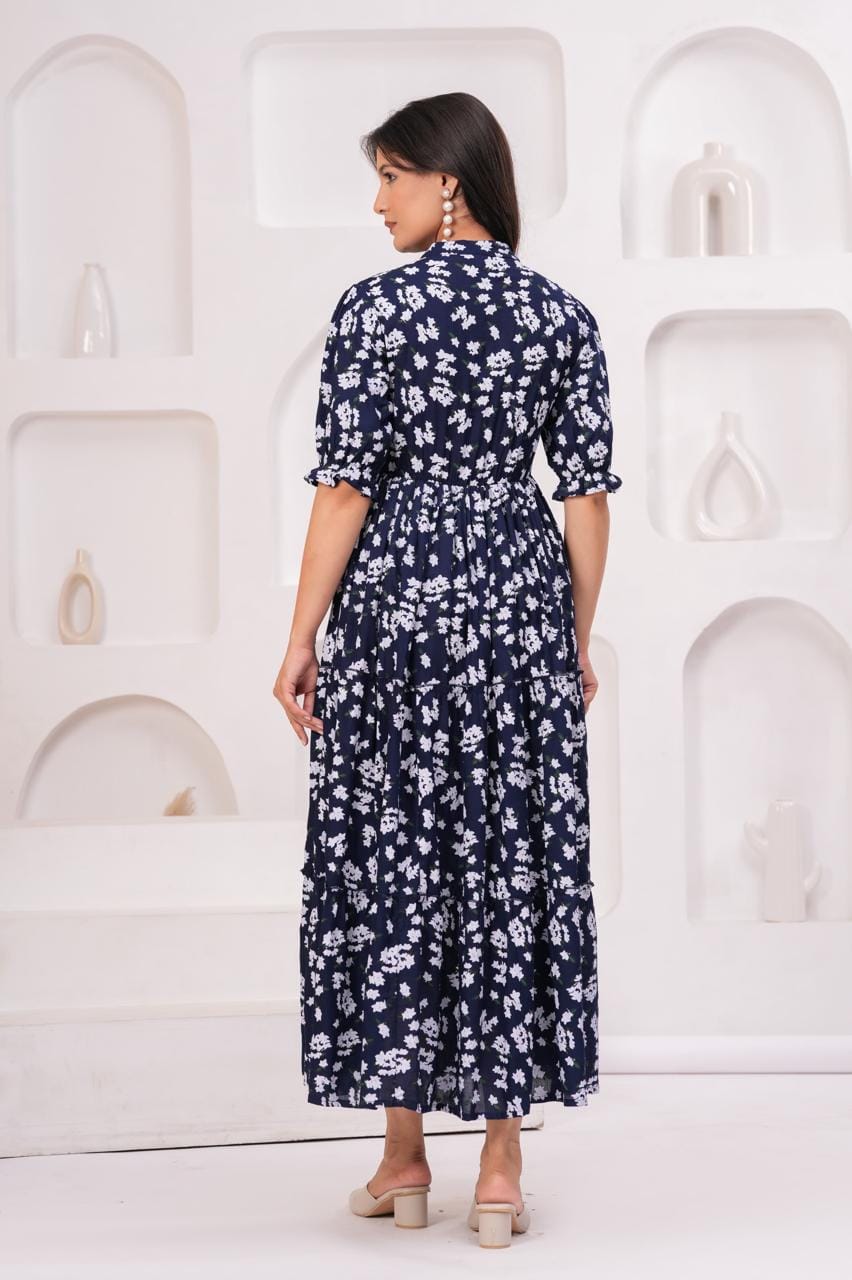 Navy Blue Floral Printed Maternity Maxi Dress