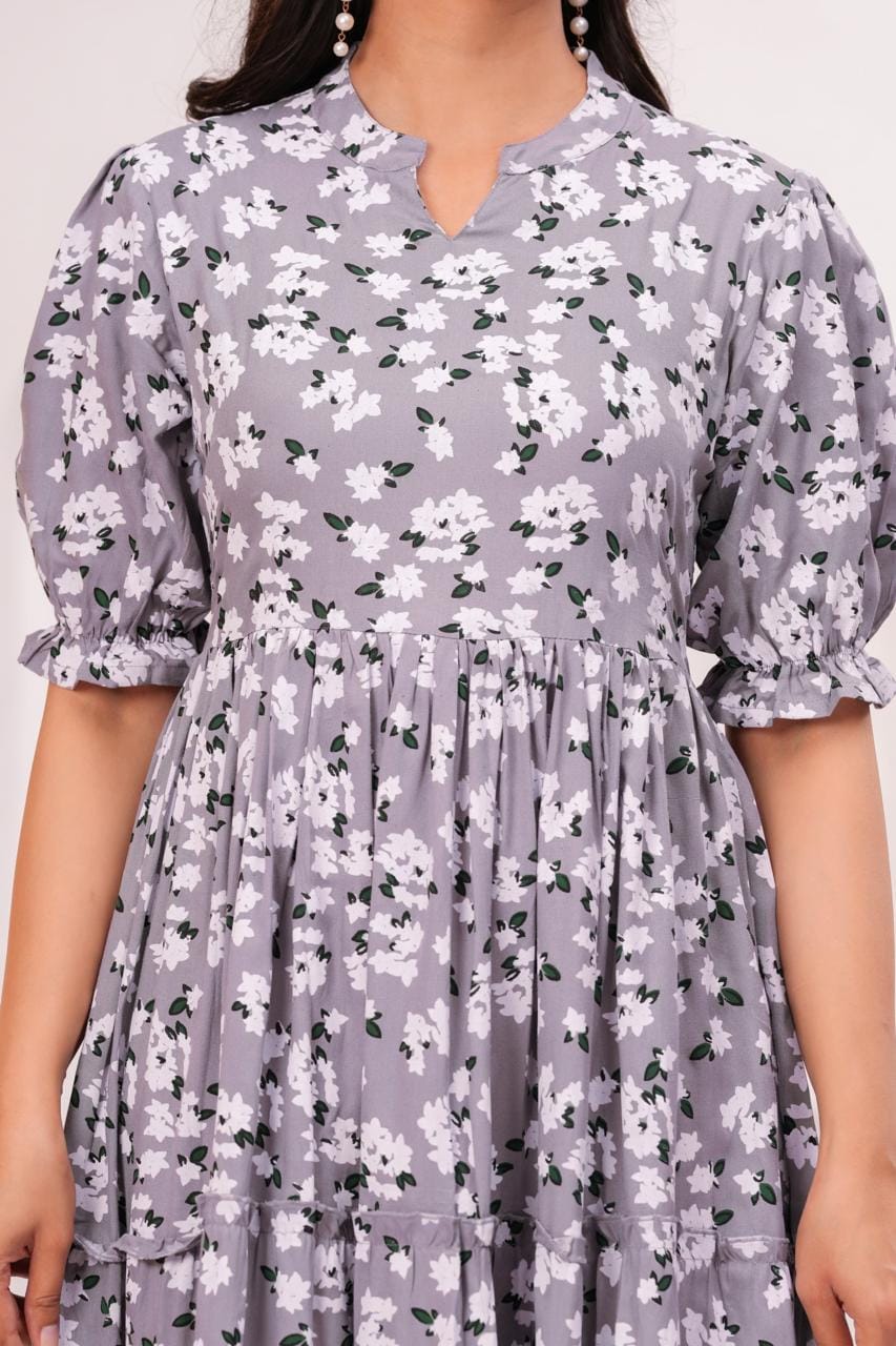 Grey Floral Printed Puff Sleeve Midi Dress