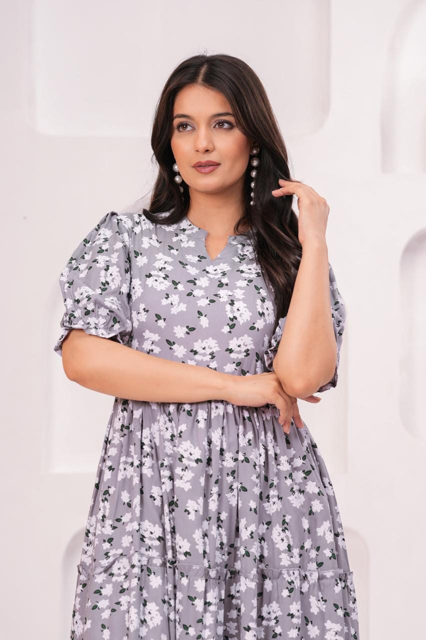 Grey Floral Printed Puff Sleeve Midi Dress