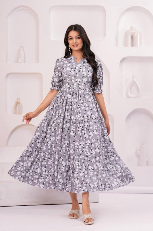 Grey Floral Printed Puff Sleeve Midi Dress