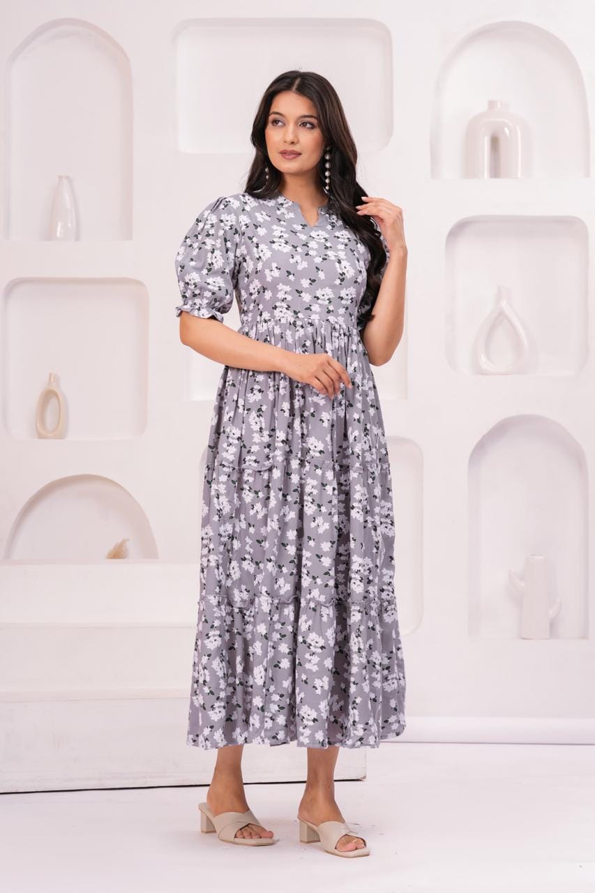 Grey Floral Printed Puff Sleeve Midi Dress