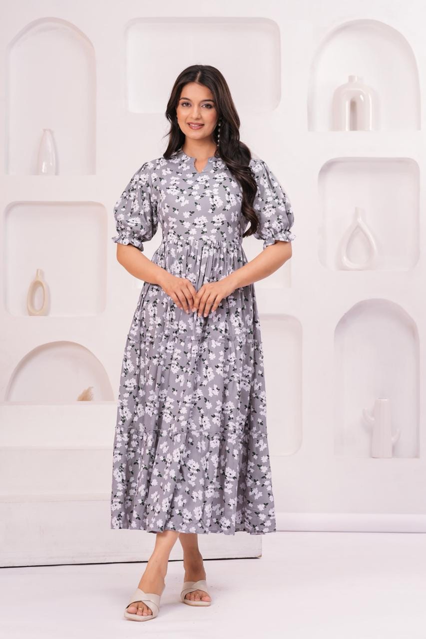 Grey Floral Printed Puff Sleeve Midi Dress