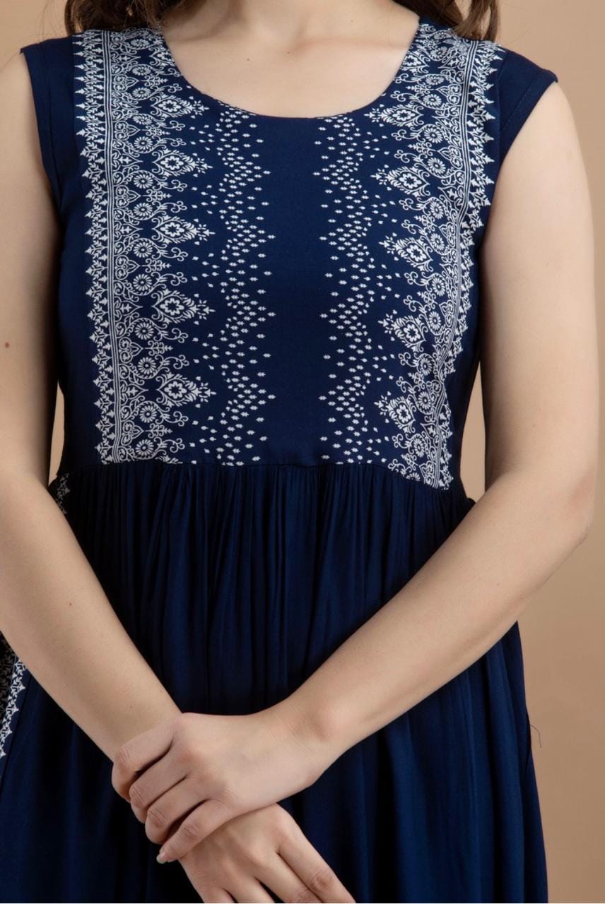Navy Blue Printed Ethnic Maxi Dress for Women