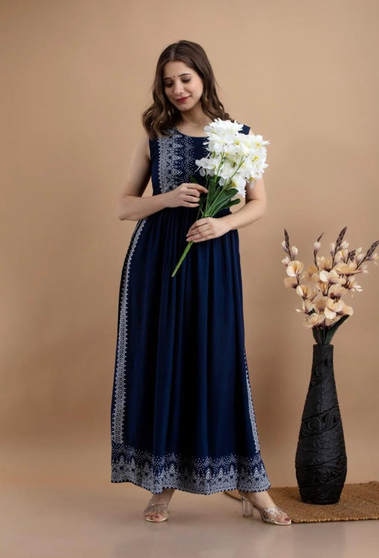 Navy Blue Printed Ethnic Maxi Dress for Women