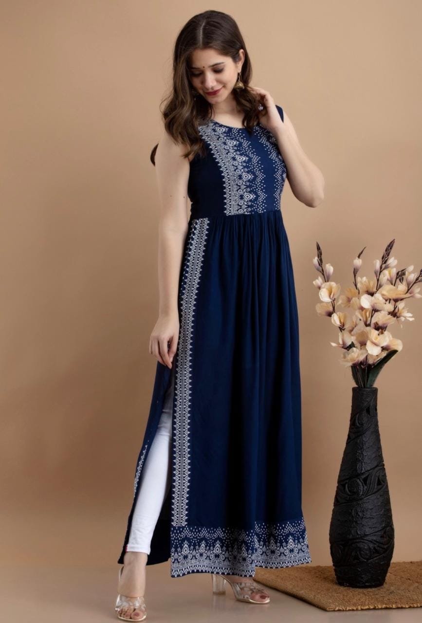 Navy Blue Printed Ethnic Maxi Dress for Women