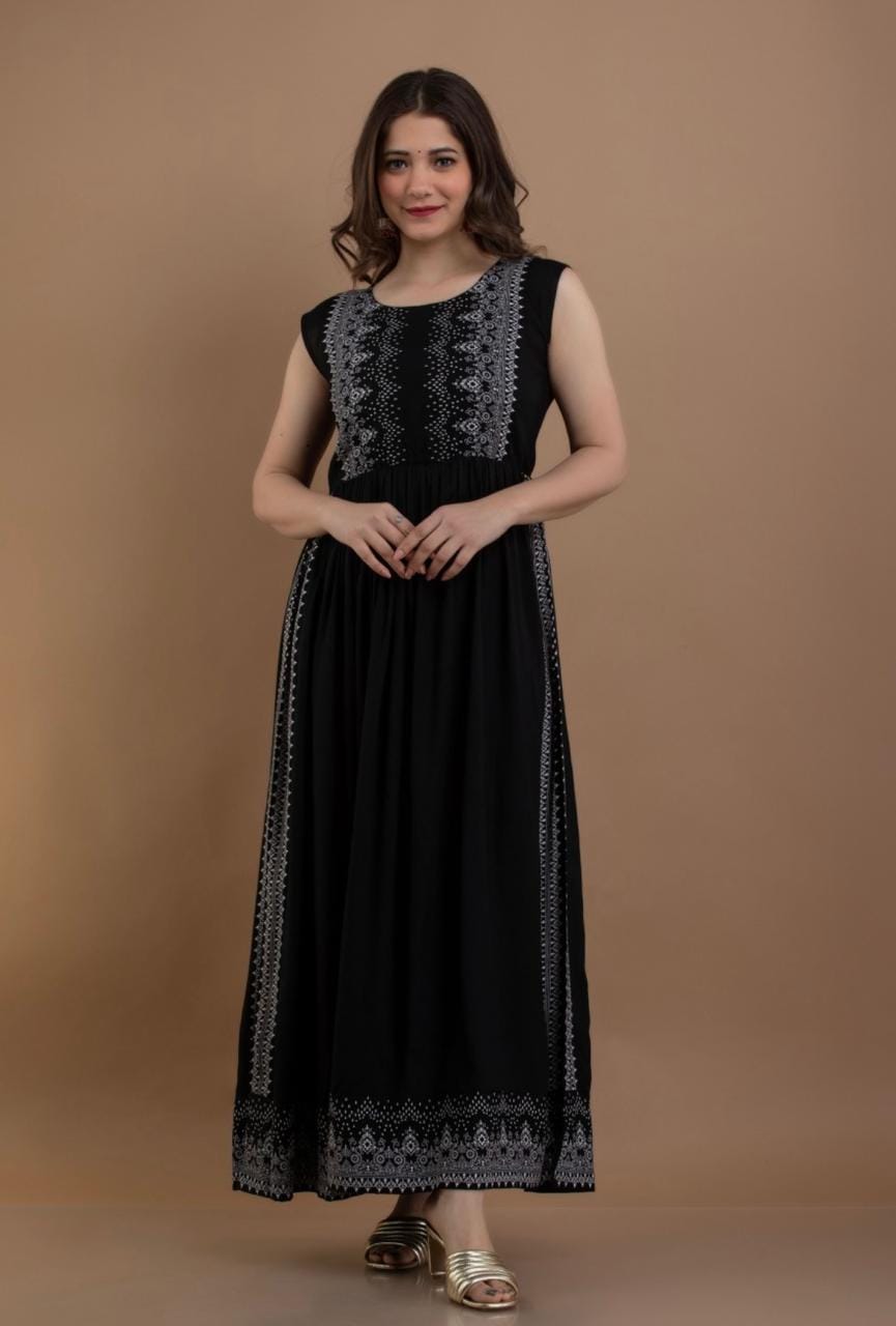 Navy Blue Printed Ethnic Maxi Dress for Women