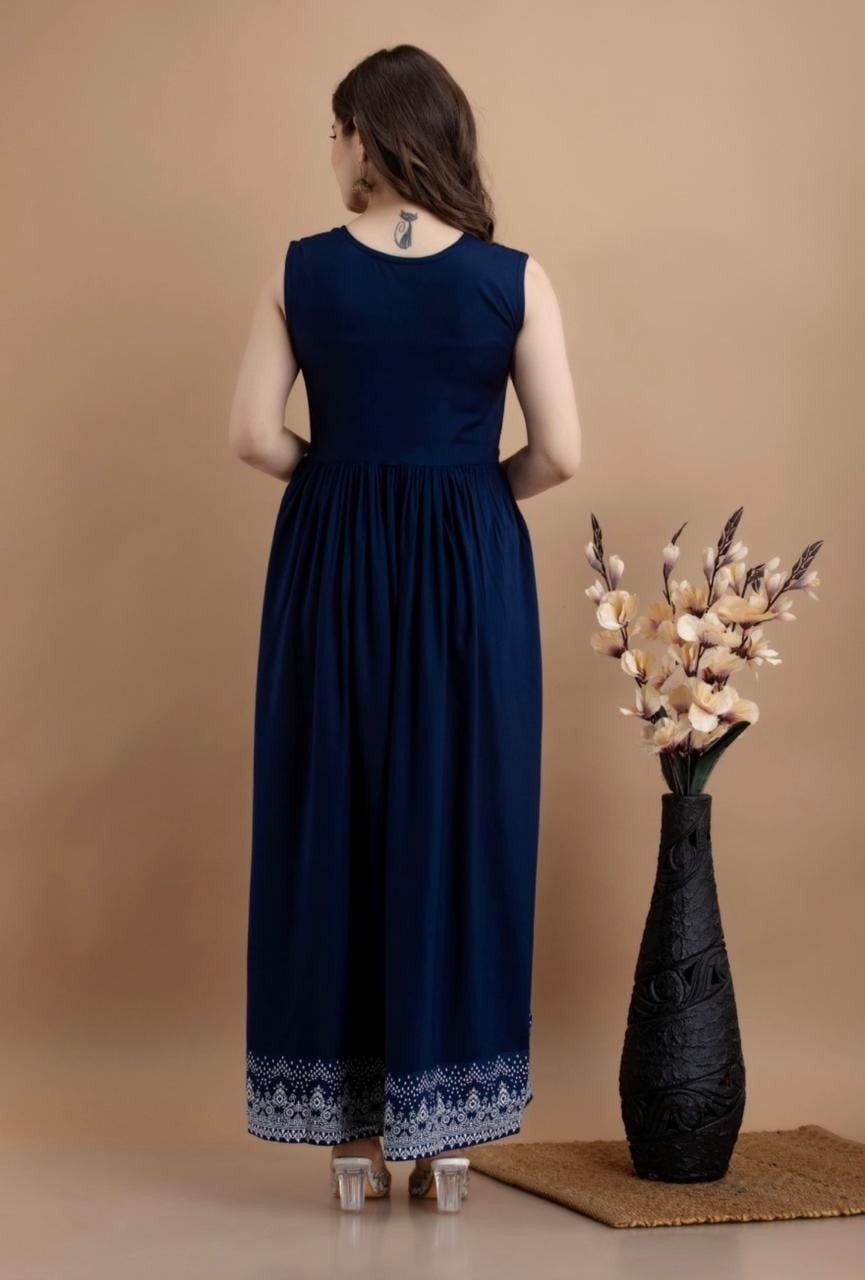 Navy Blue Printed Ethnic Maxi Dress for Women