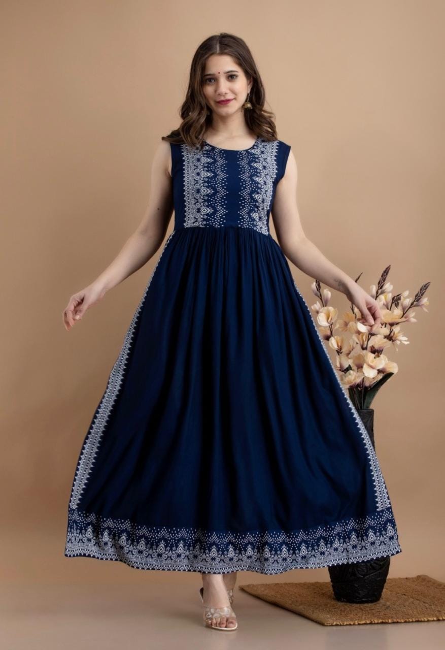 Navy Blue Printed Ethnic Maxi Dress for Women