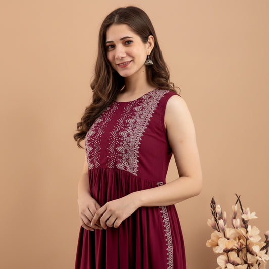 Maroon Printed Ethnic Maxi Dress for Women