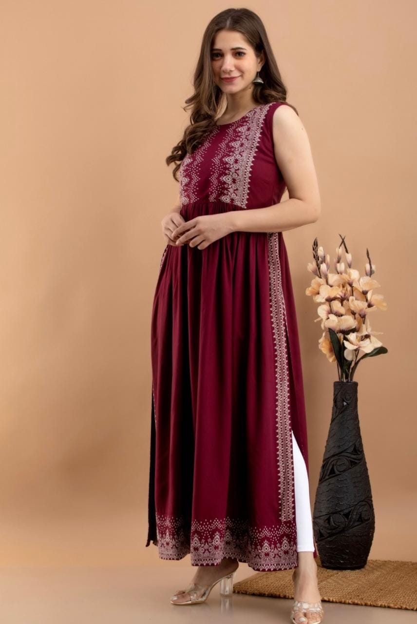 Maroon Printed Ethnic Maxi Dress for Women
