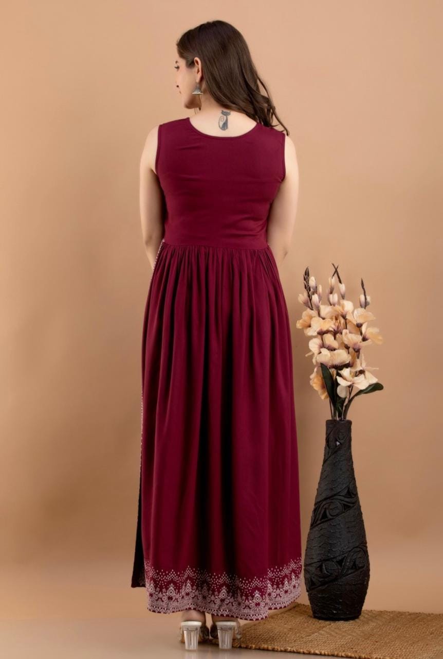 Maroon Printed Ethnic Maxi Dress for Women