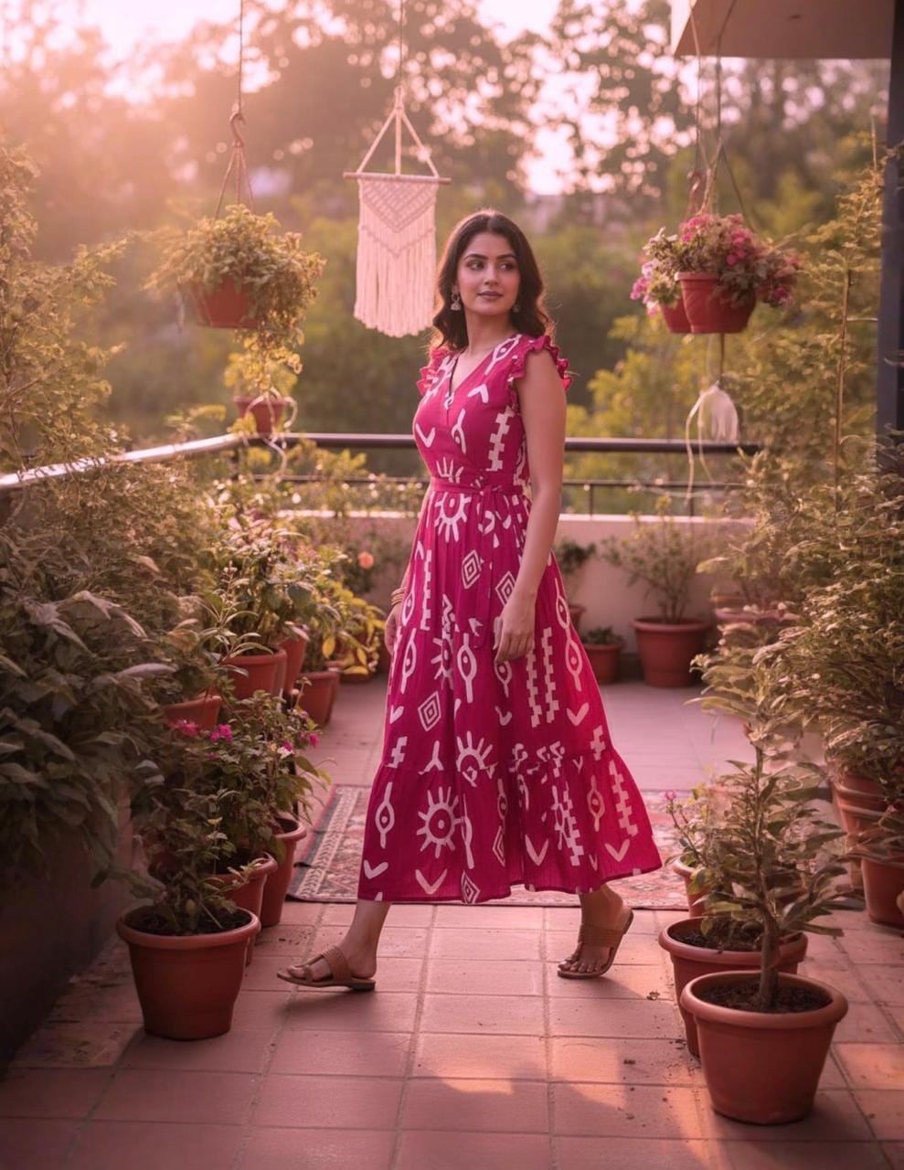 Magenta Printed Midi Dress