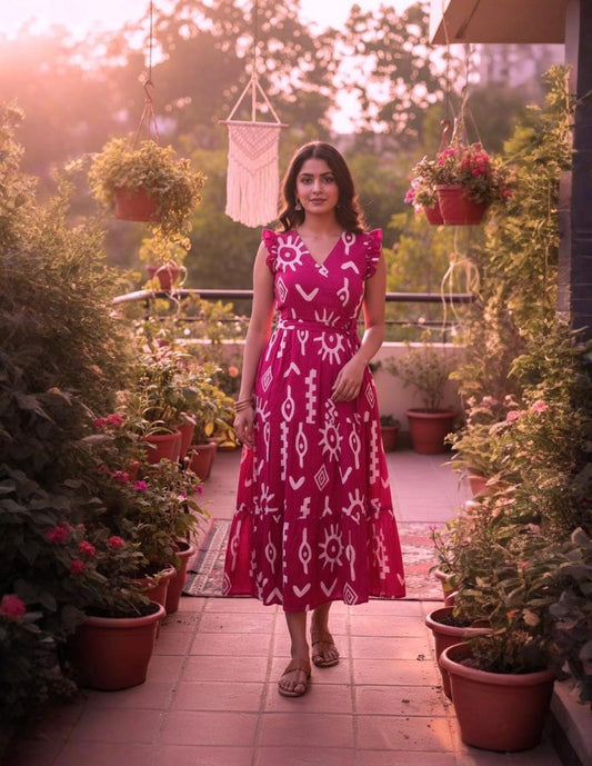 Magenta Printed Midi Dress