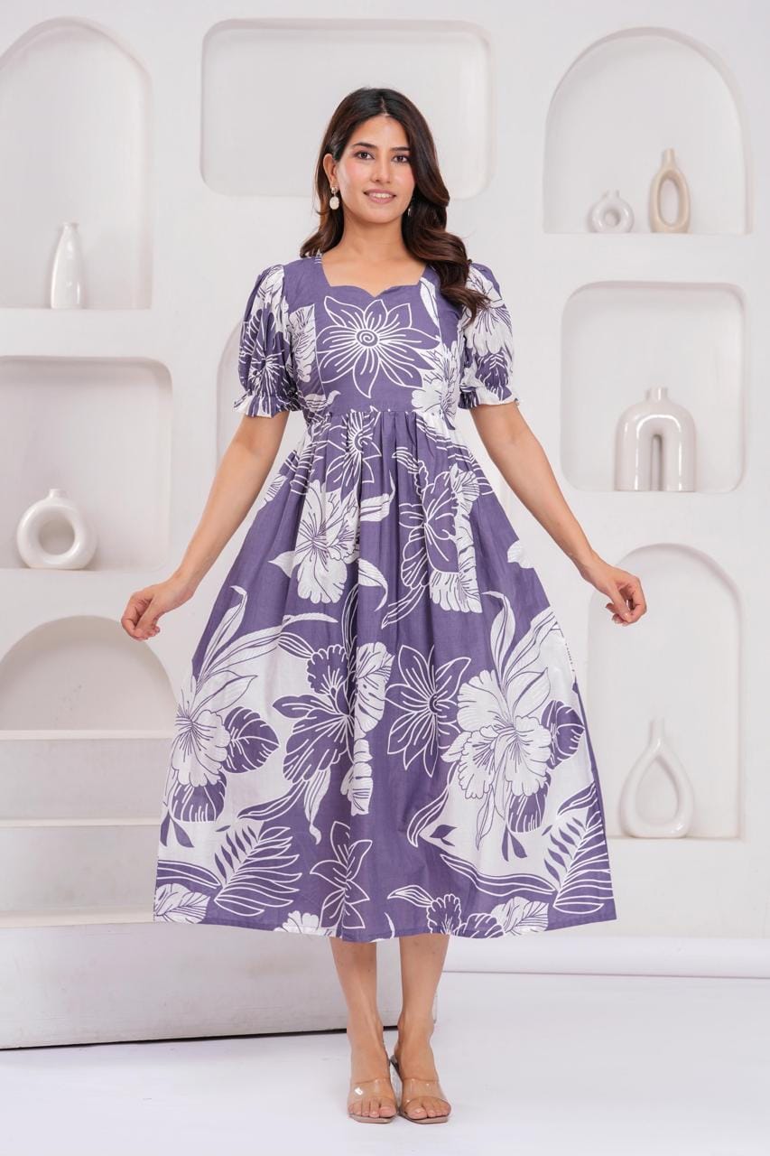 Purple Floral Printed Maternity Midi Dress