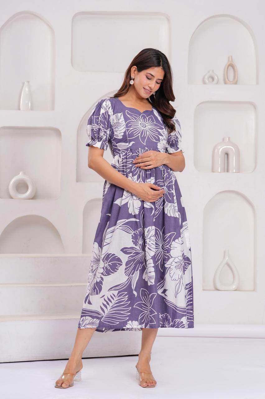 Purple Floral Printed Maternity Midi Dress